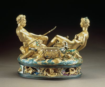 Salt cellar or Saliera, belonging to King Francis I of France depicting the earth and sea united represented by a female earth goddess and a male sea god, 1540-43 by Benvenuto Cellini